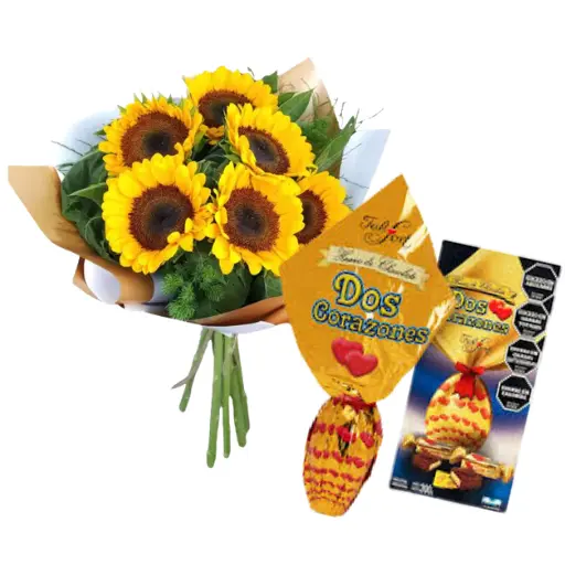 Ramo de 6 girasoles con papel coreano y huevo de pascua dos cora